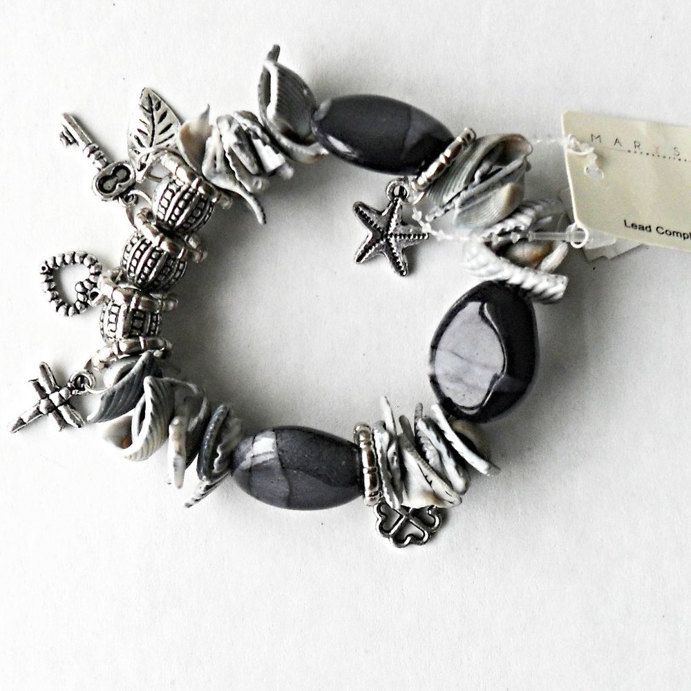 NEW Black & Gray Stretch Beaded Bracelet Silver Tone Charms